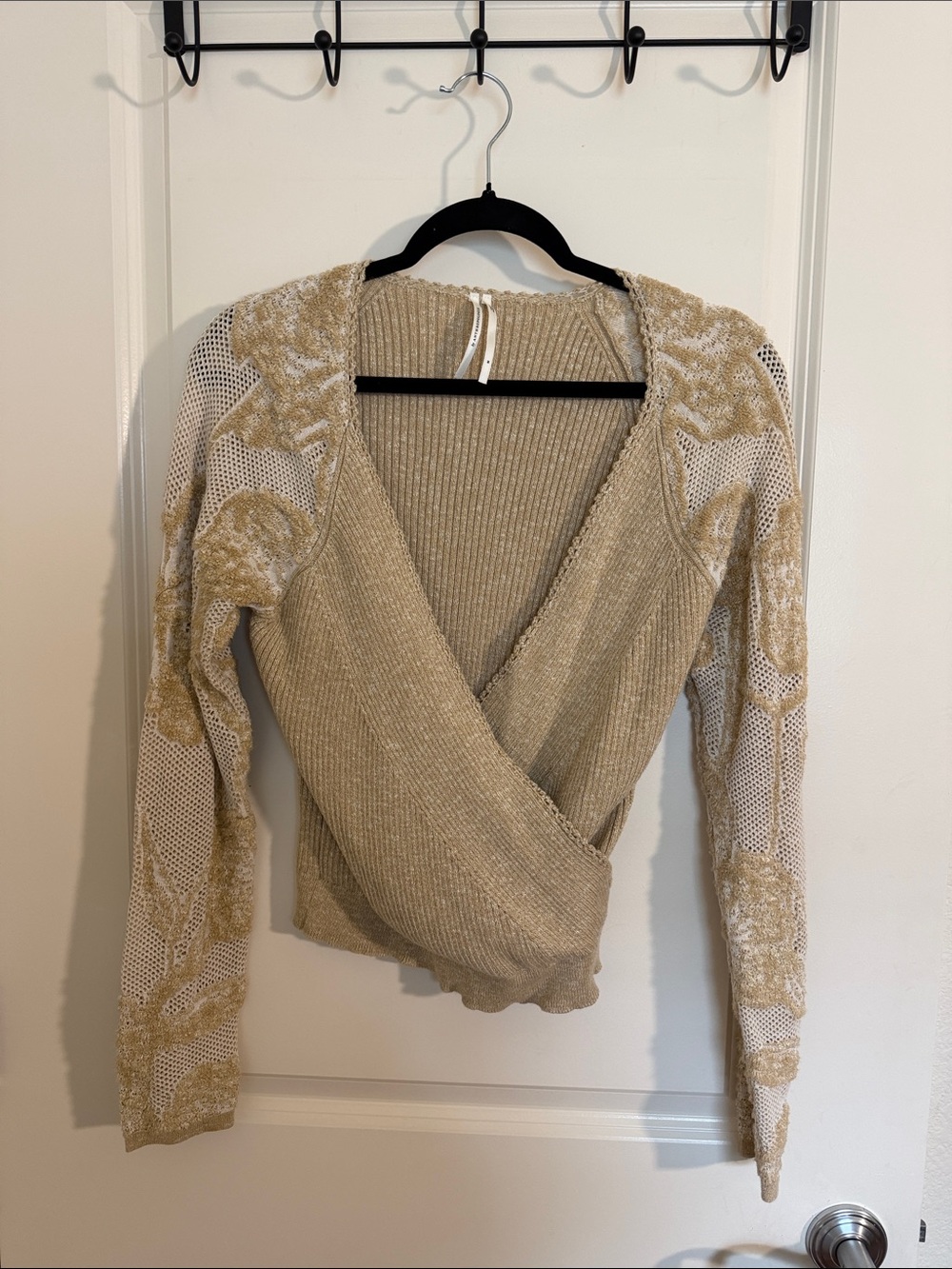 Anthropologie Beige Wrap V-Neck Sweater with Textured Sleeves